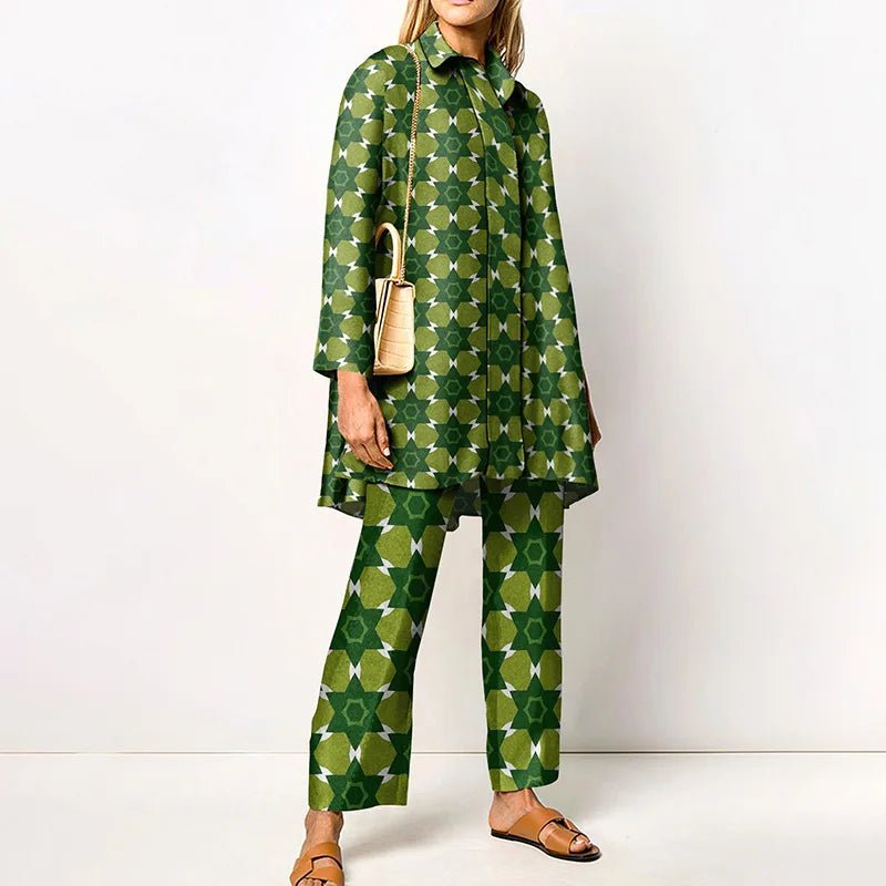 Ensemble Femme Vintage Imprimé – Chemise & Pantalon Large - deslyshopping