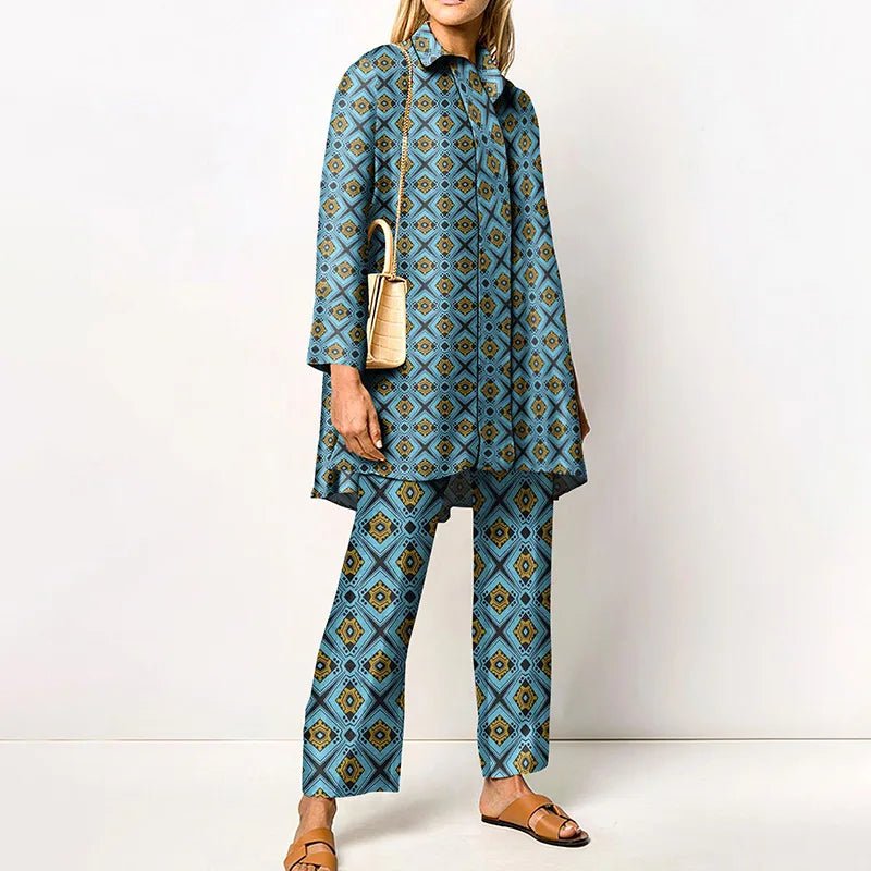 Ensemble Femme Vintage Imprimé – Chemise & Pantalon Large - deslyshopping