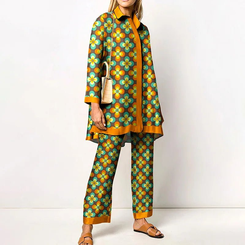 Ensemble Femme Vintage Imprimé – Chemise & Pantalon Large - deslyshopping