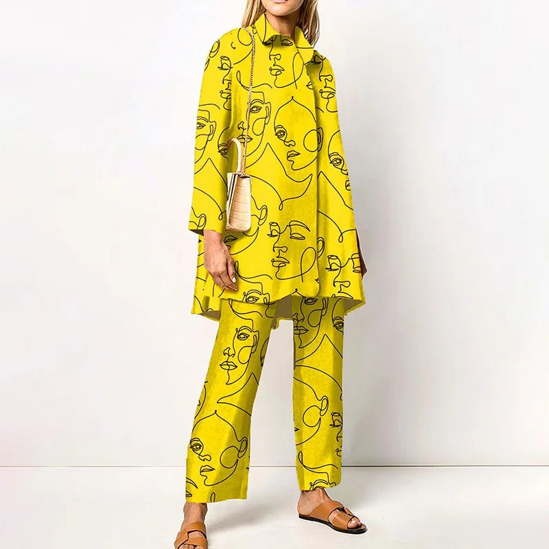 Ensemble Femme Vintage Imprimé – Chemise & Pantalon Large - deslyshopping