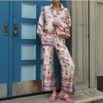 Ensemble Femme Vintage Imprimé – Chemise & Pantalon Large - deslyshopping