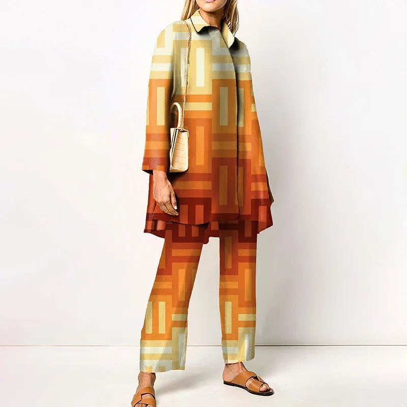 Ensemble Femme Vintage Imprimé – Chemise & Pantalon Large - deslyshopping