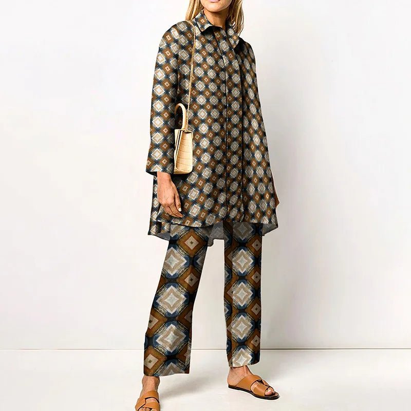 Ensemble Femme Vintage Imprimé – Chemise & Pantalon Large - deslyshopping