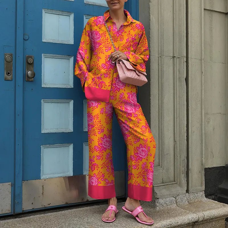 Ensemble Femme Vintage Imprimé – Chemise & Pantalon Large - deslyshopping