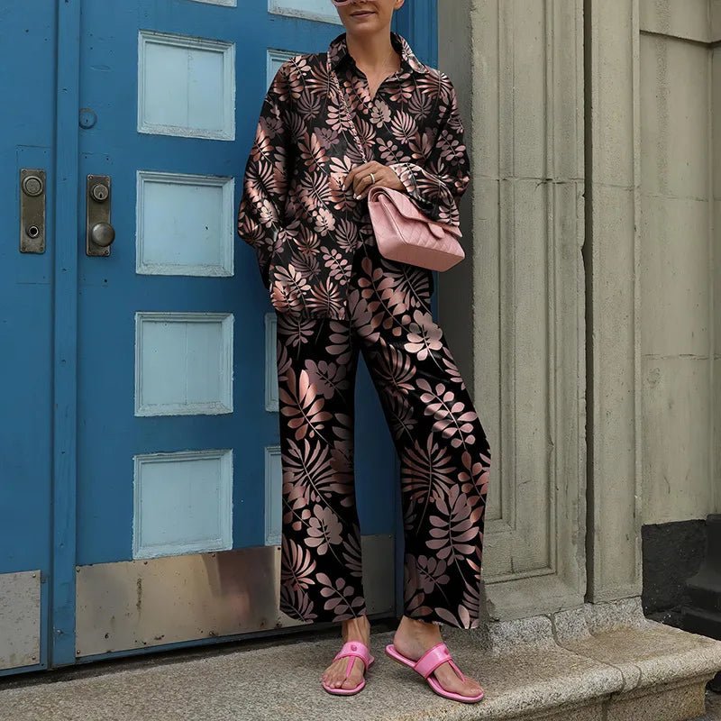 Ensemble Femme Vintage Imprimé – Chemise & Pantalon Large - deslyshopping