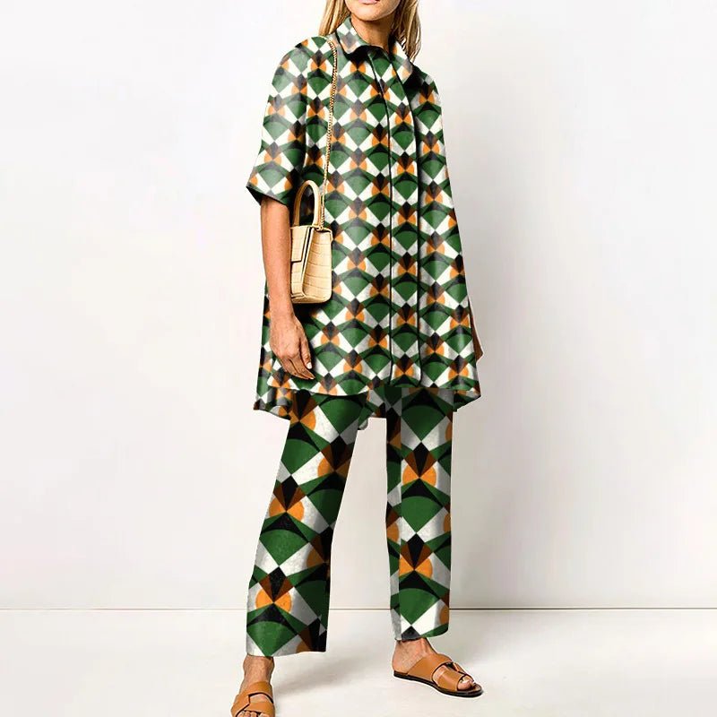 Ensemble Femme Vintage Imprimé – Chemise & Pantalon Large - deslyshopping