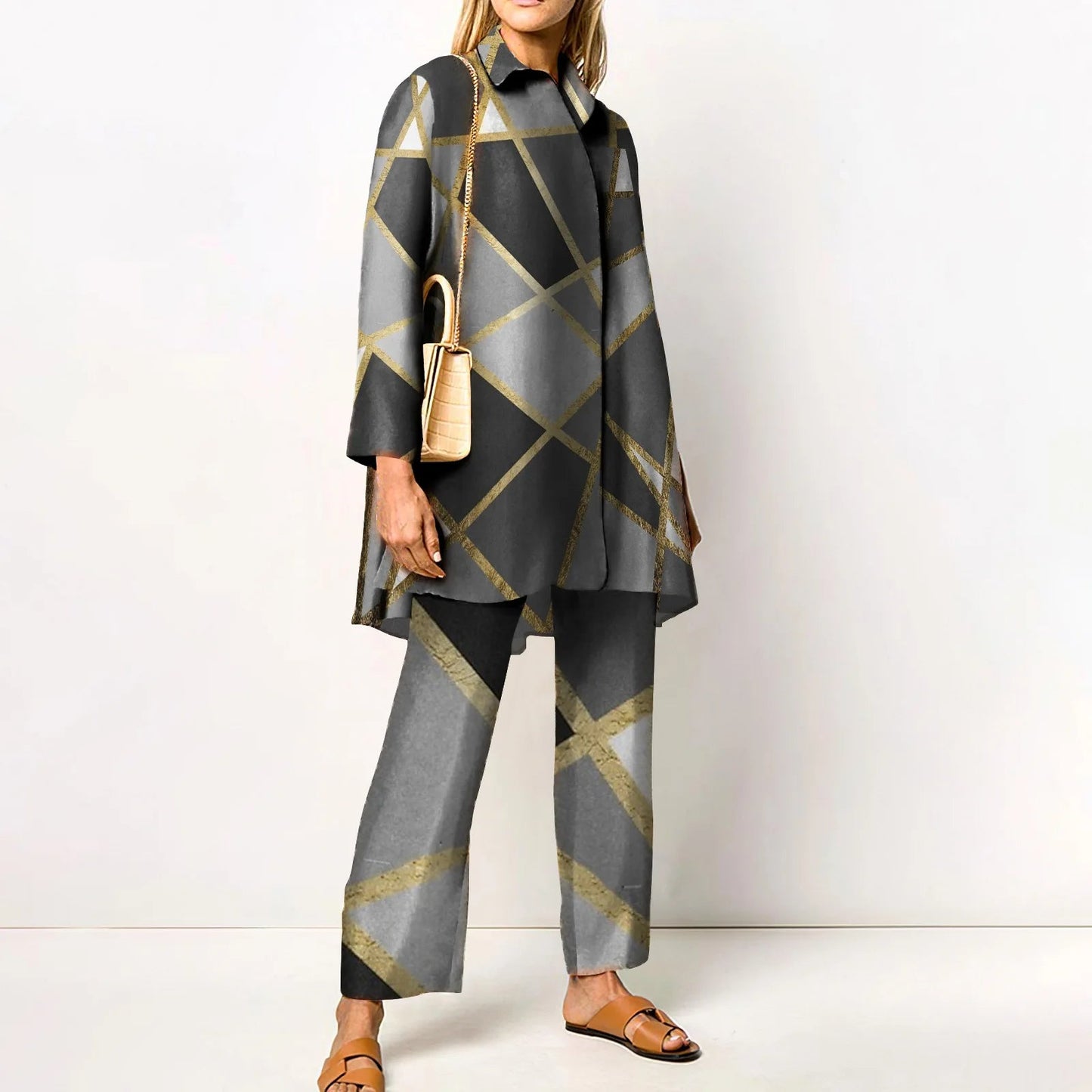 Ensemble Femme Vintage Imprimé – Chemise & Pantalon Large - deslyshopping