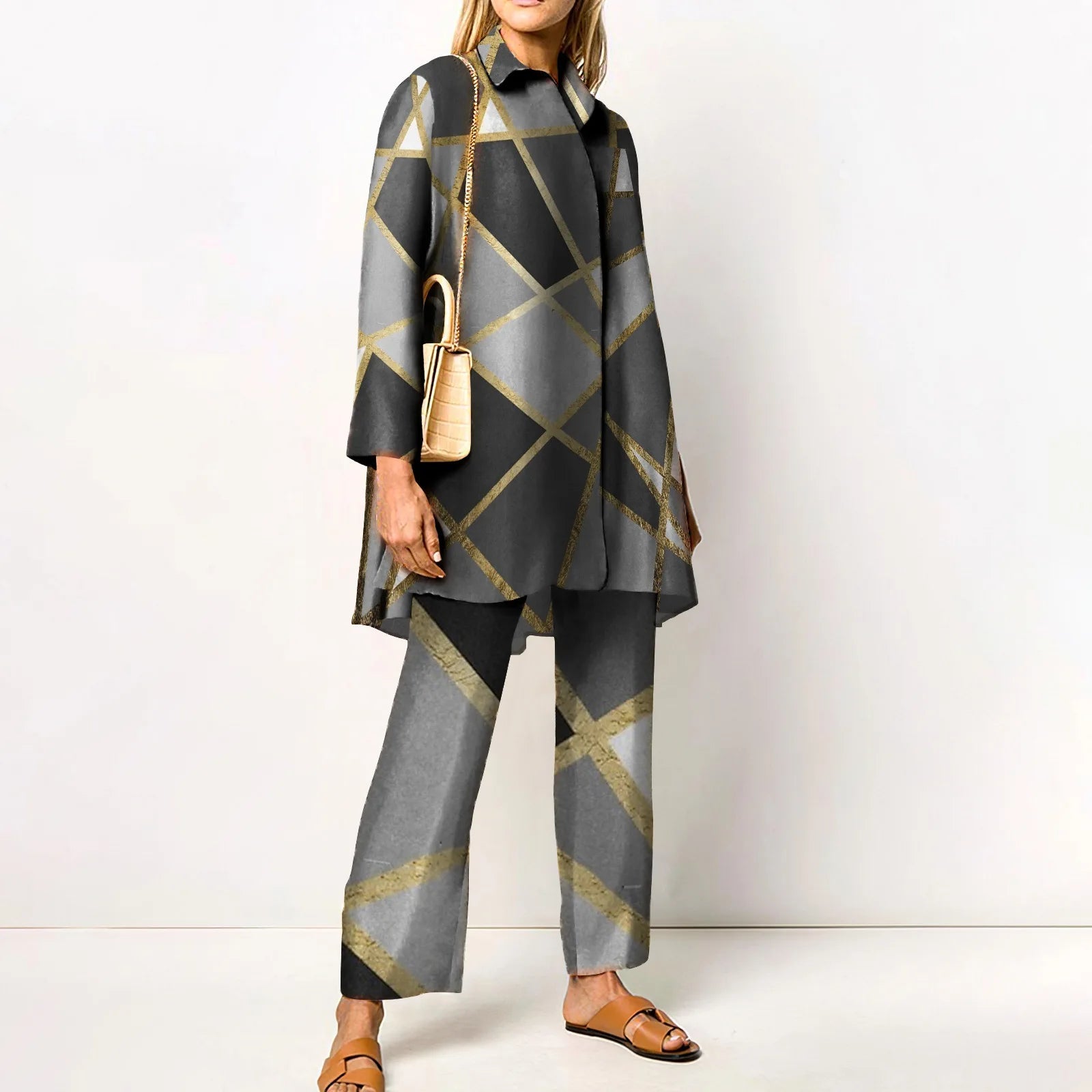 Ensemble Femme Vintage Imprimé – Chemise & Pantalon Large - deslyshopping