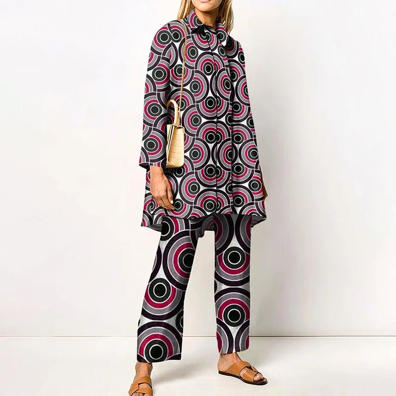 Ensemble Femme Vintage Imprimé – Chemise & Pantalon Large - deslyshopping