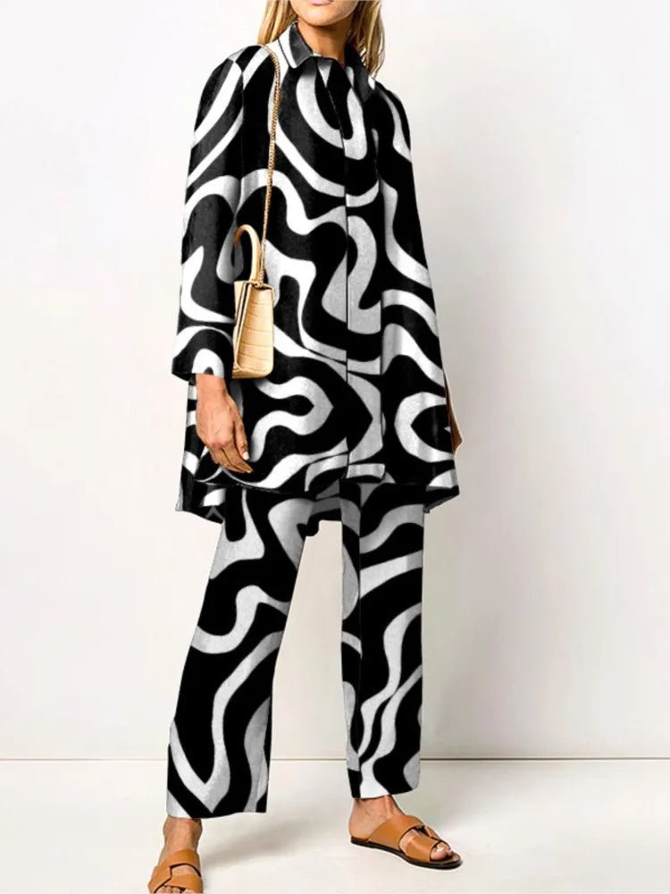 Ensemble Femme Vintage Imprimé – Chemise & Pantalon Large - deslyshopping