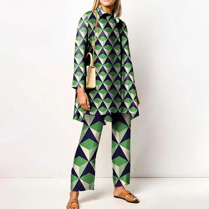 Ensemble Femme Vintage Imprimé – Chemise & Pantalon Large - deslyshopping