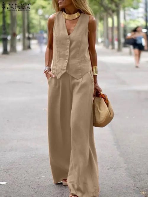 Ensemble uni sans manches à col en V - deslyshopping