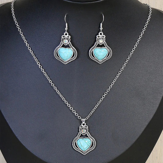 Ethnic Turquoise Necklace & Earrings Set Silver - deslyshopping