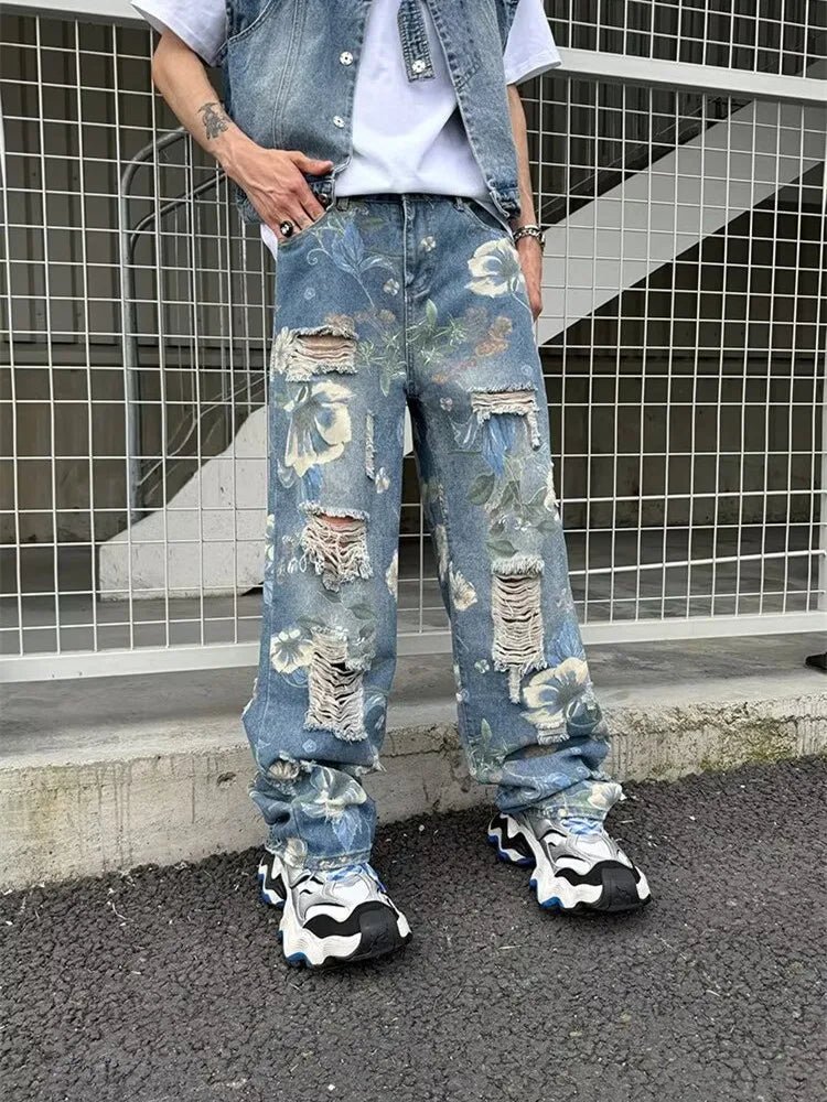 Jean Baggy Imprimé Fleurs & Effet Déchiré – 2024 - deslyshopping