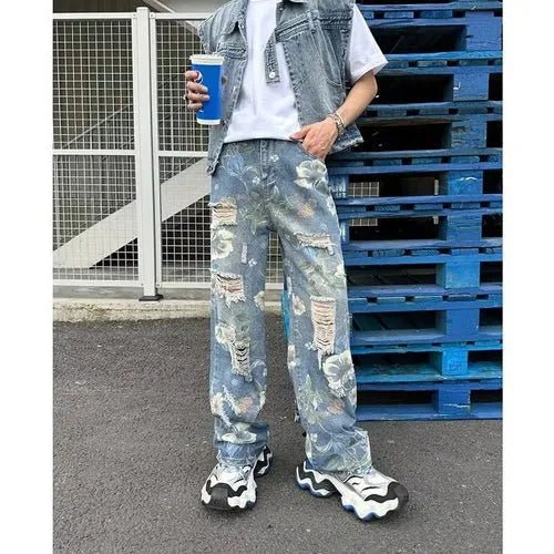 Jean Baggy Imprimé Fleurs & Effet Déchiré – 2024 - deslyshopping