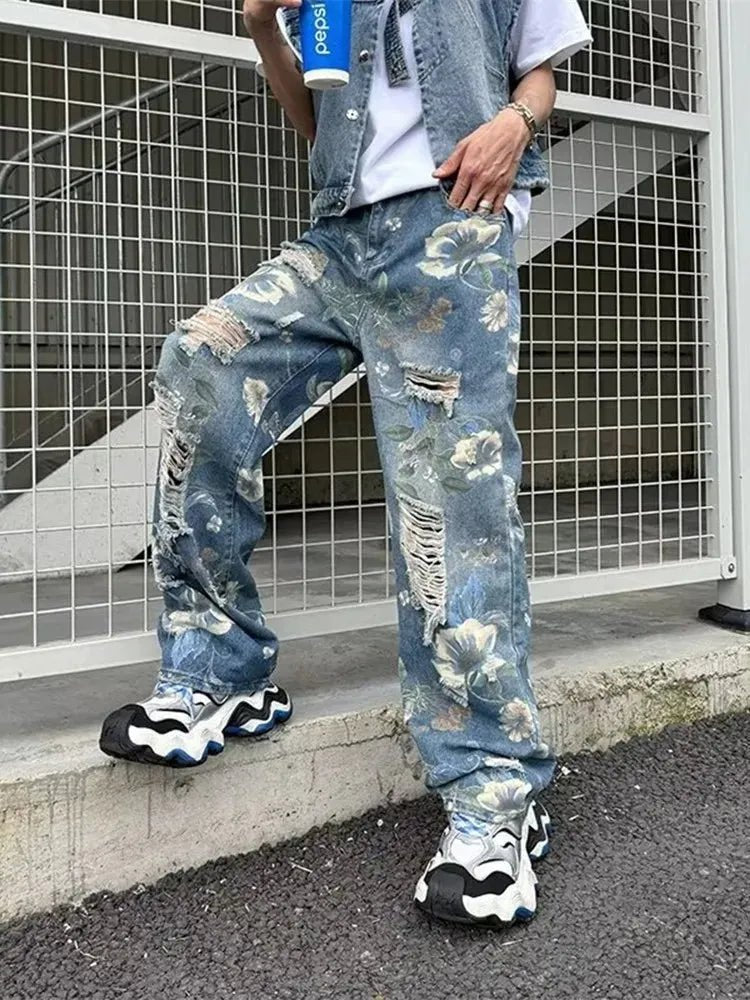 Jean Baggy Imprimé Fleurs & Effet Déchiré – 2024 - deslyshopping