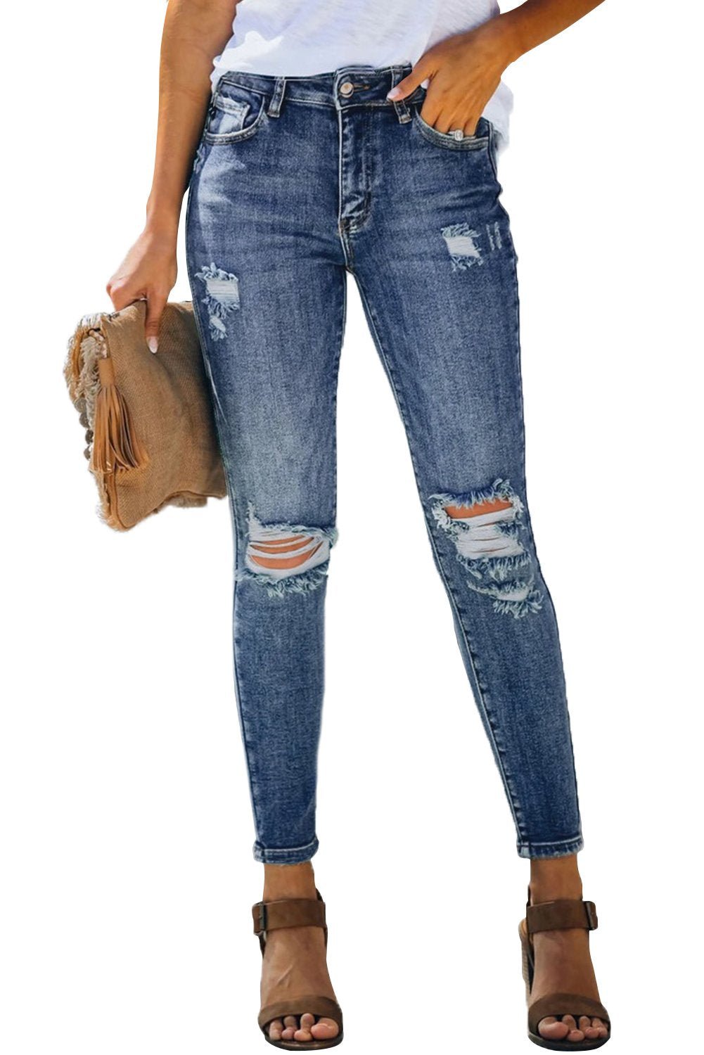 Jean Skinny Taille Haute Effet Usé - deslyshopping