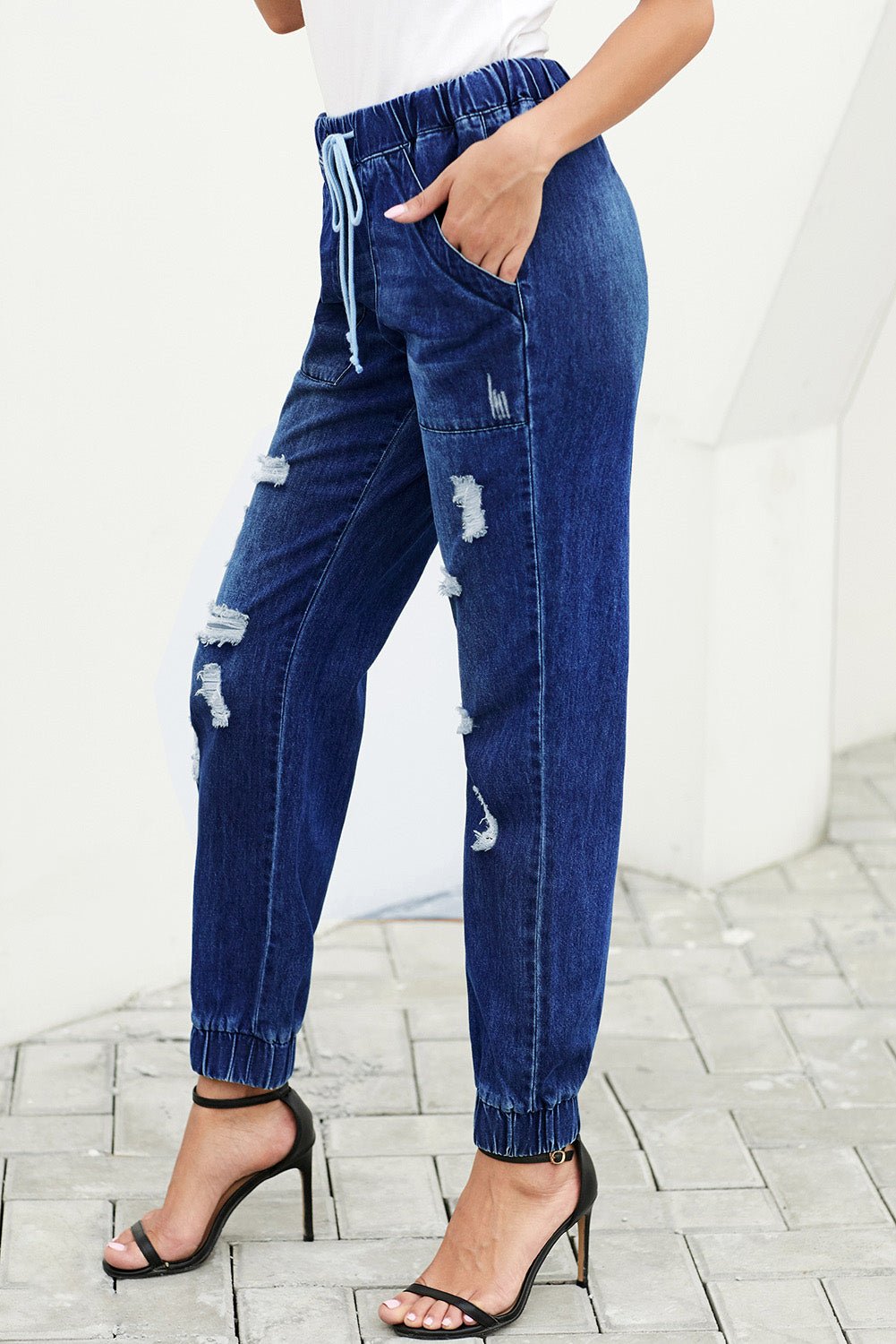 Jeans Bleu Vieilli, Poches & Cordon de Serrage 🔥👖 - deslyshopping