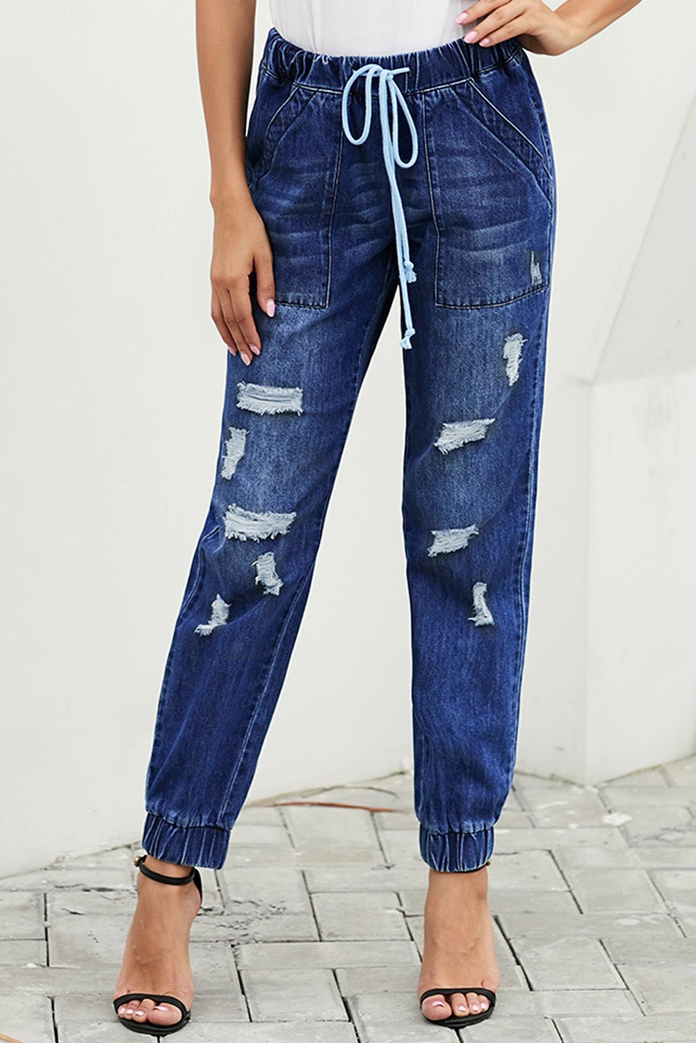 Jeans Bleu Vieilli, Poches & Cordon de Serrage 🔥👖 - deslyshopping