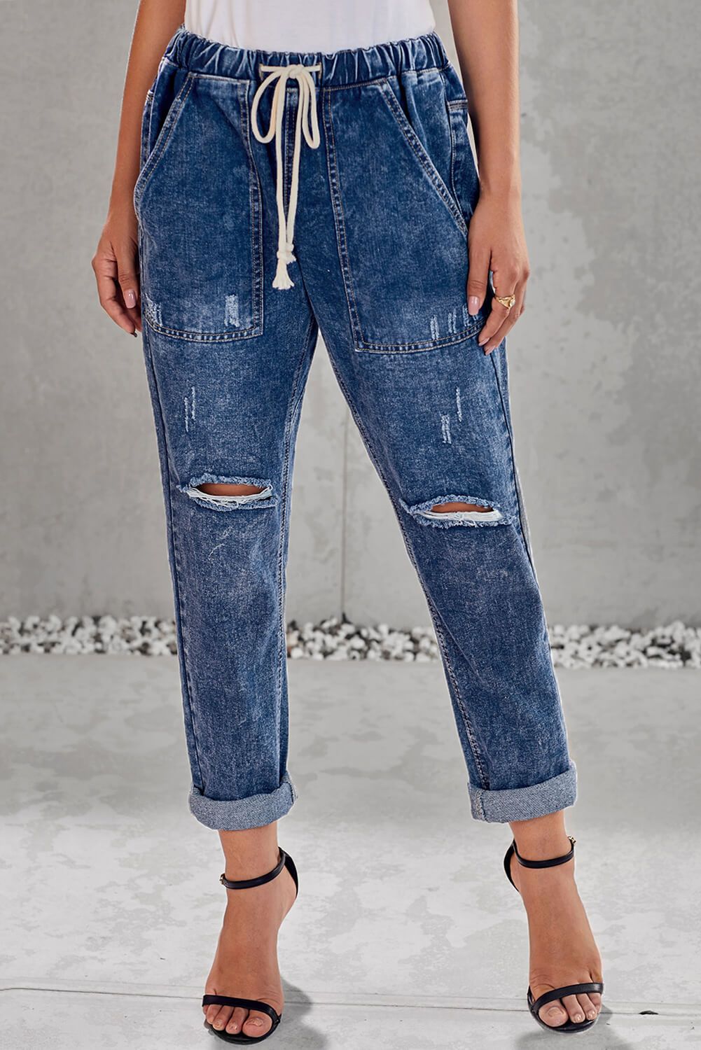 Pantalon Jogging Femme – Bleu Foncé, Poches & Effet Vieilli 🔥👖 - deslyshopping