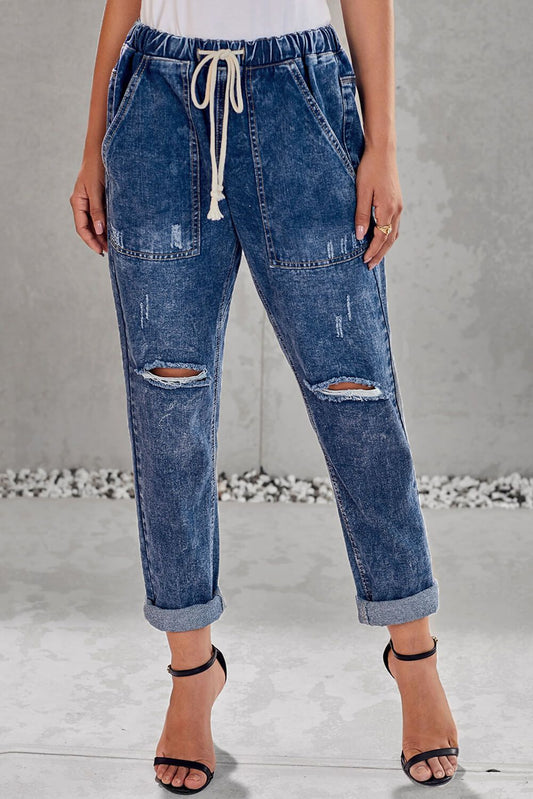 Pantalon Jogging Femme – Bleu Foncé, Poches & Effet Vieilli 🔥👖 - deslyshopping