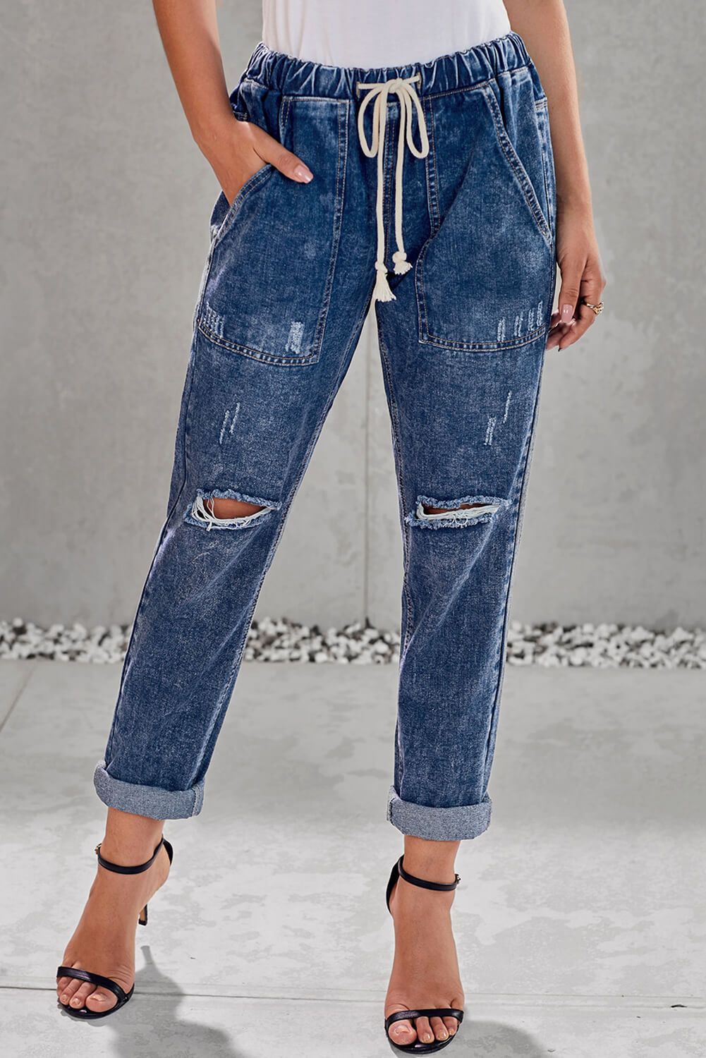 Pantalon Jogging Femme – Bleu Foncé, Poches & Effet Vieilli 🔥👖 - deslyshopping