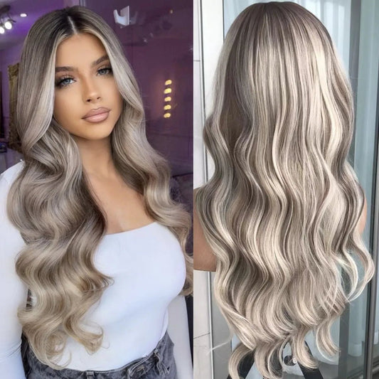 Perruque Lace Front Body Wave Synthétique – Blond Cendré avec Mèches - deslyshopping