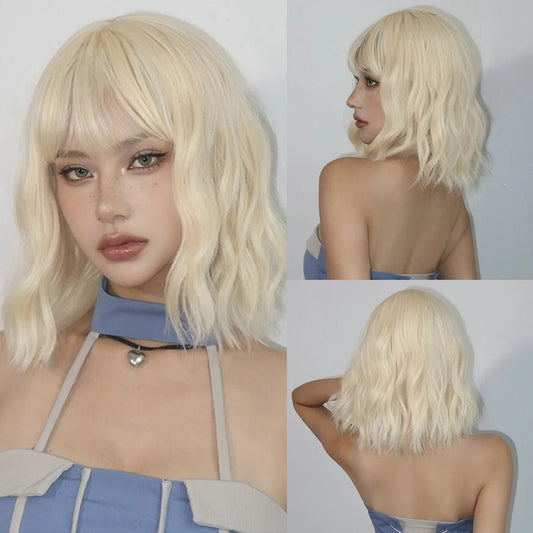 Perruque Synthétique Blonde Courte Bouclée avec Frange - deslyshopping