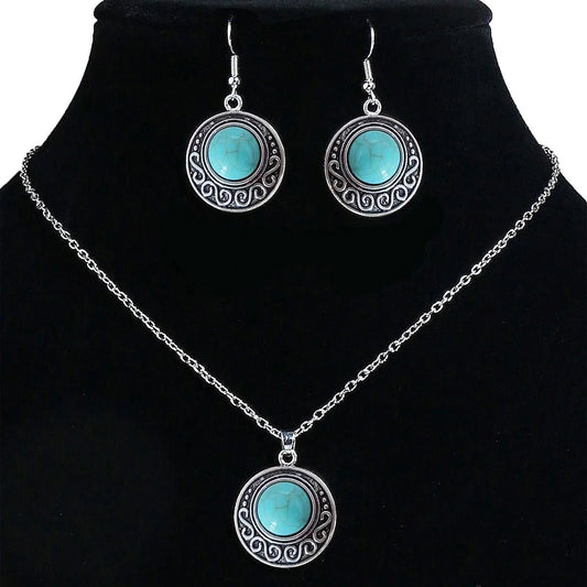 Retro Antique Turquoise Pendant Necklace & Earrings Set - deslyshopping