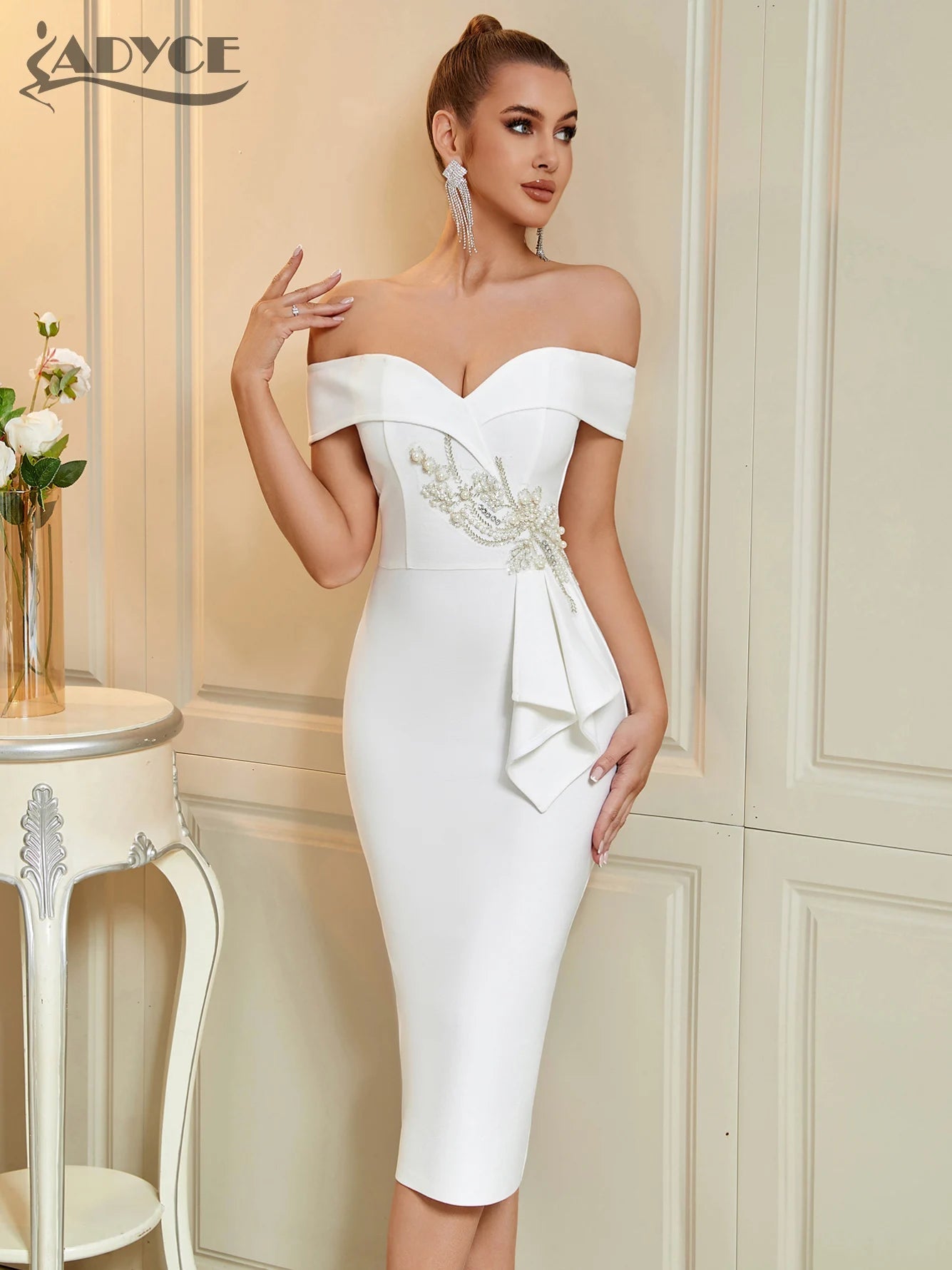 Robe Bandage Floral Perlé à Épaules Dénudées - deslyshopping