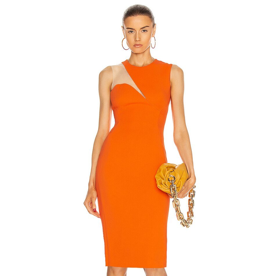 Robe Bandage Midi En Maille Orange - deslyshopping