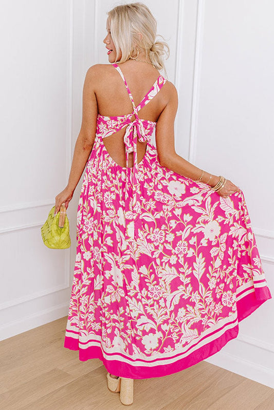Robe Longue Dos Nu à Col en V et Motif Floral Rose - deslyshopping