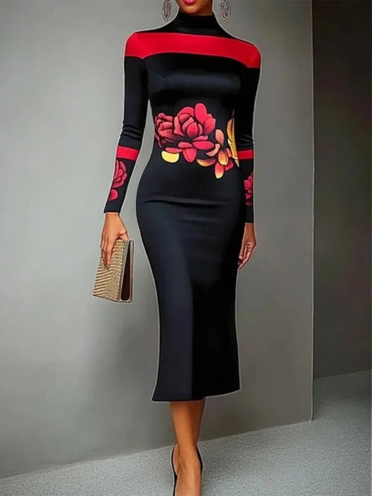 Robe Longue Élégante à Imprimé Floral Rouge - deslyshopping
