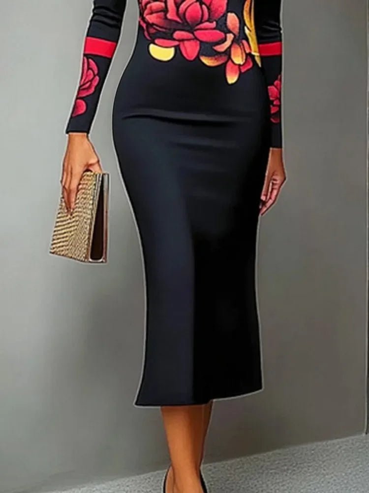 Robe Longue Élégante à Imprimé Floral Rouge - deslyshopping