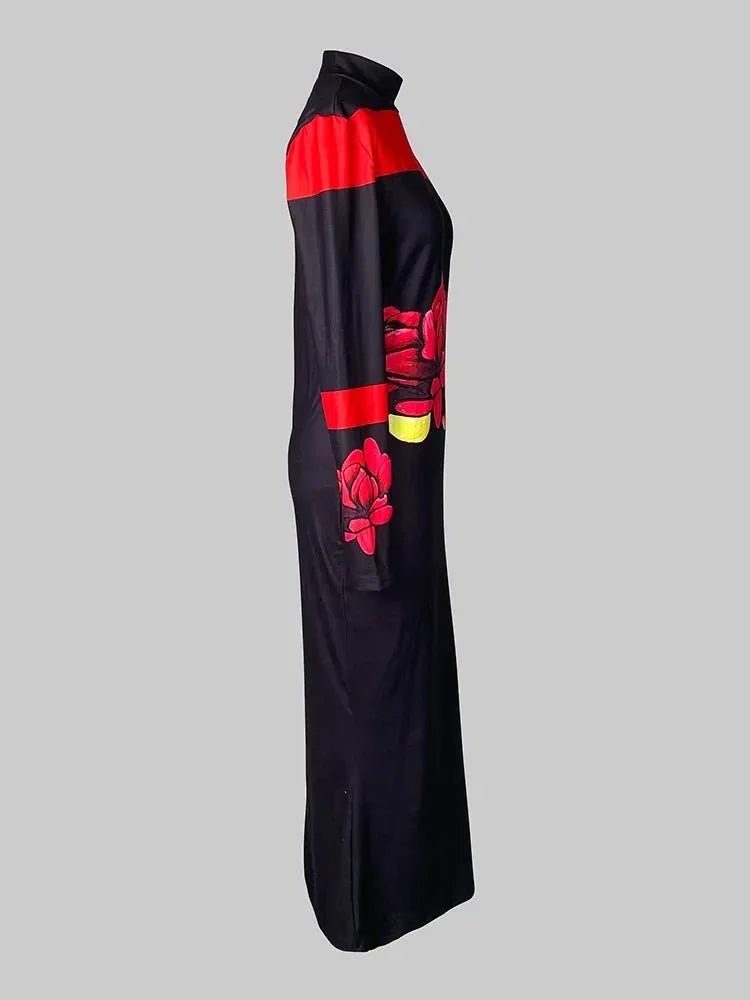 Robe Longue Élégante à Imprimé Floral Rouge - deslyshopping