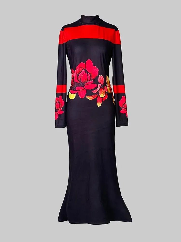 Robe Longue Élégante à Imprimé Floral Rouge - deslyshopping