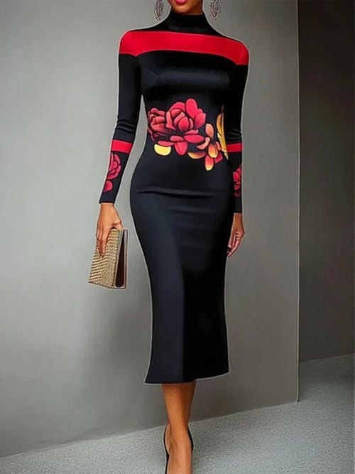 Robe Longue Élégante à Imprimé Floral Rouge - deslyshopping
