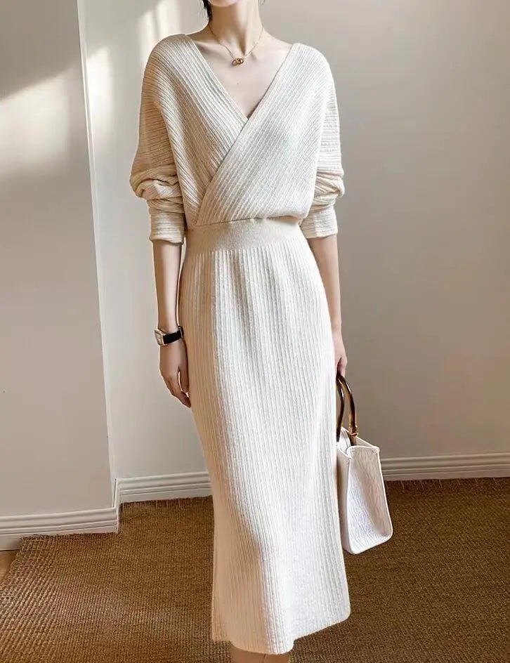 Robe Maille Col V Femme – Élégante & Ajustée Automne/Hiver - deslyshopping