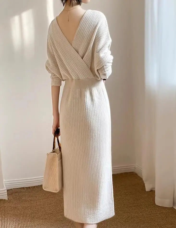 Robe Maille Col V Femme – Élégante & Ajustée Automne/Hiver - deslyshopping