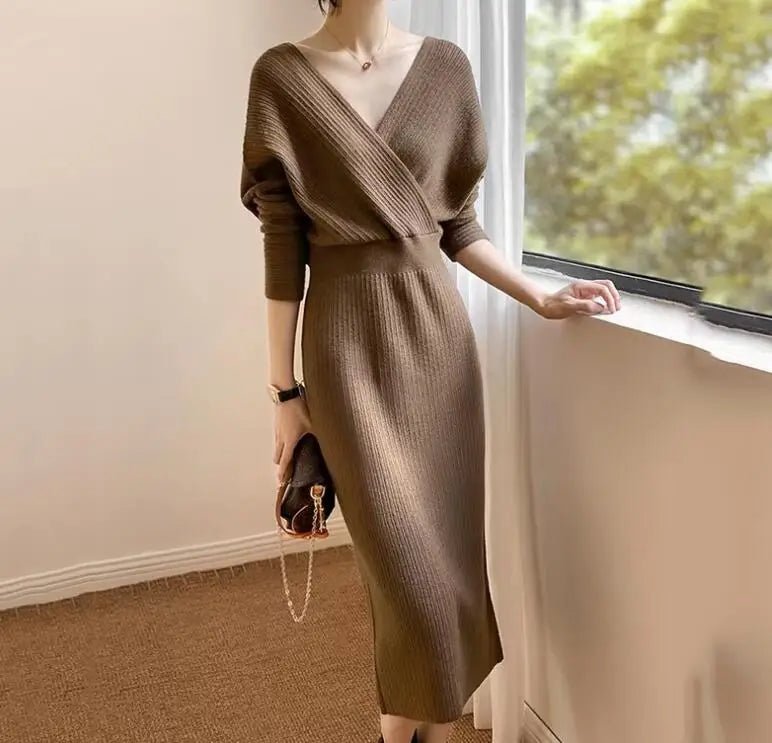 Robe Maille Col V Femme – Élégante & Ajustée Automne/Hiver - deslyshopping