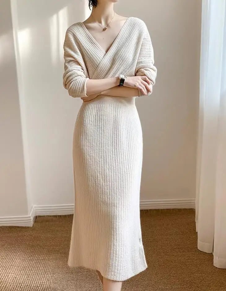 Robe Maille Col V Femme – Élégante & Ajustée Automne/Hiver - deslyshopping