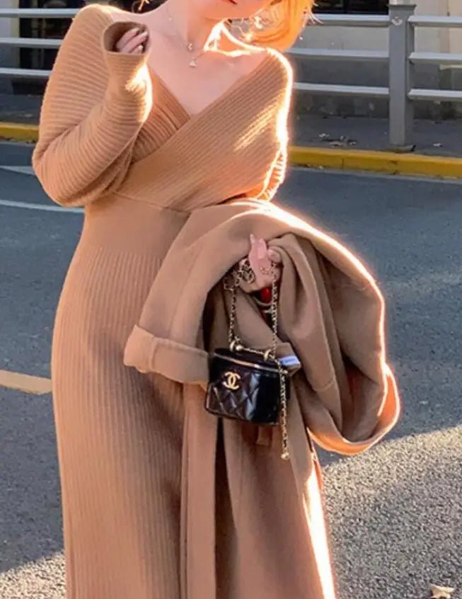 Robe Maille Col V Femme – Élégante & Ajustée Automne/Hiver - deslyshopping