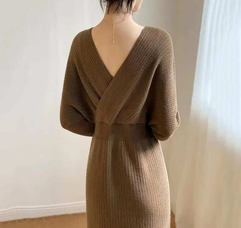 Robe Maille Col V Femme – Élégante & Ajustée Automne/Hiver - deslyshopping