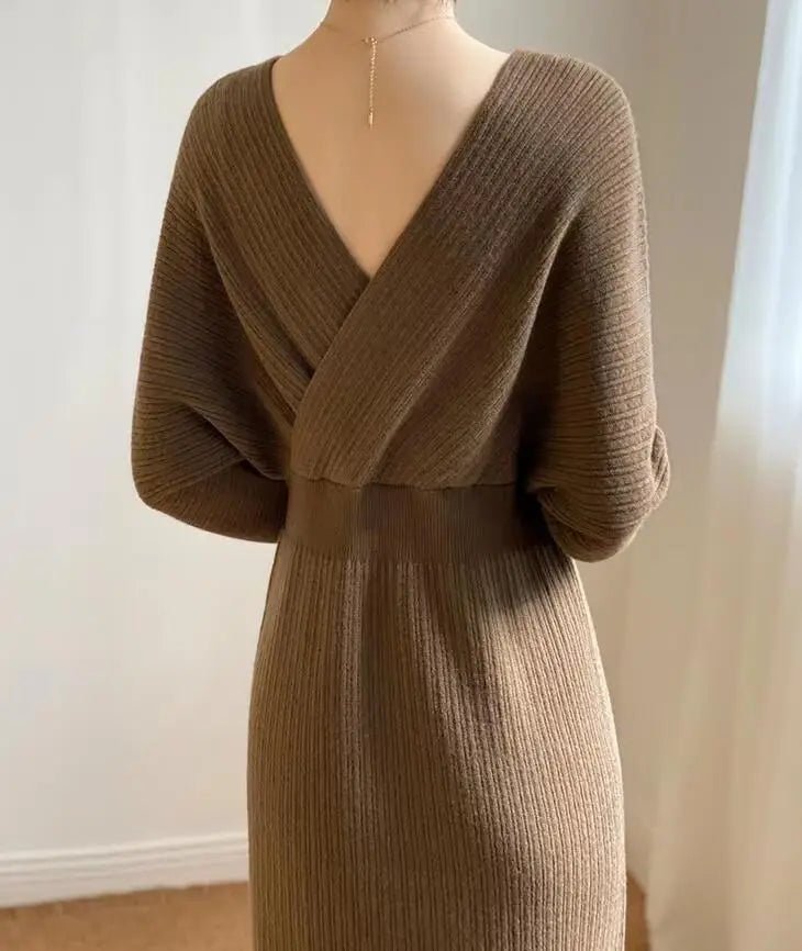 Robe Maille Col V Femme – Élégante & Ajustée Automne/Hiver - deslyshopping