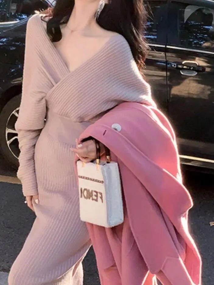 Robe Maille Col V Femme – Élégante & Ajustée Automne/Hiver - deslyshopping