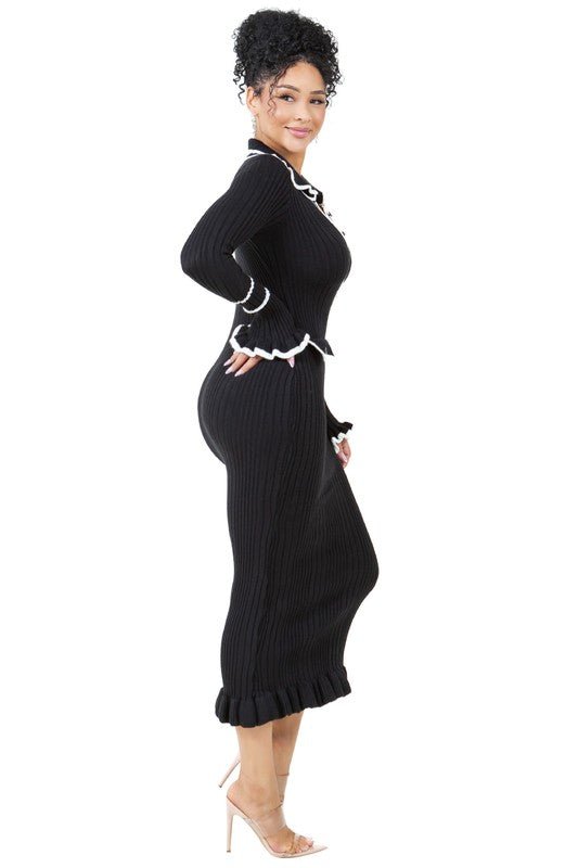 Robe Pull Longue Moulante Femme – Col V Boutonnée - deslyshopping