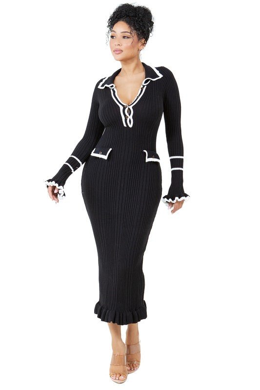 Robe Pull Longue Moulante Femme – Col V Boutonnée - deslyshopping