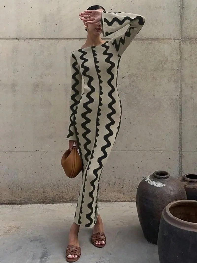 Robe Rayée Vintage Maxi – Robe Rétro Élégante Taille Haute - deslyshopping