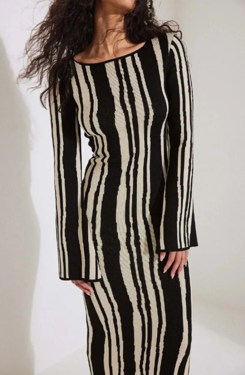 Robe Rayée Vintage Maxi – Robe Rétro Élégante Taille Haute - deslyshopping