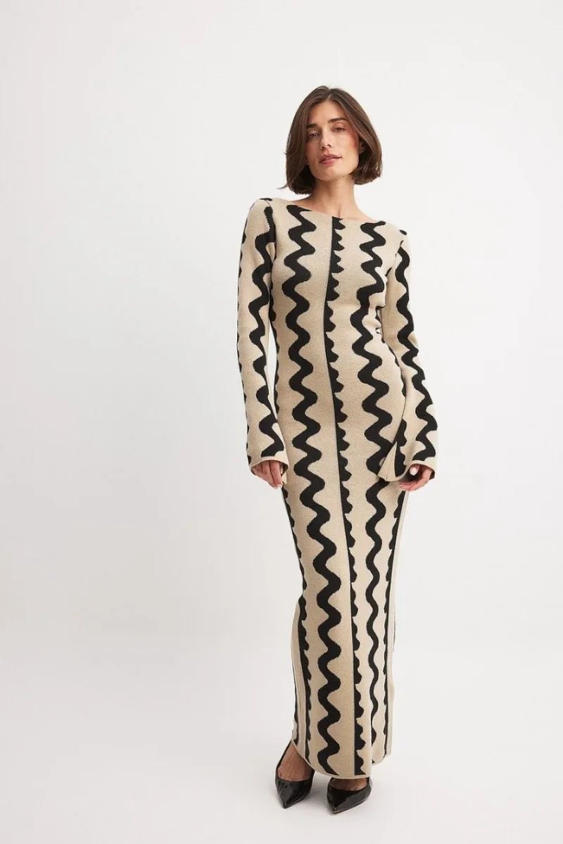 Robe Rayée Vintage Maxi – Robe Rétro Élégante Taille Haute - deslyshopping